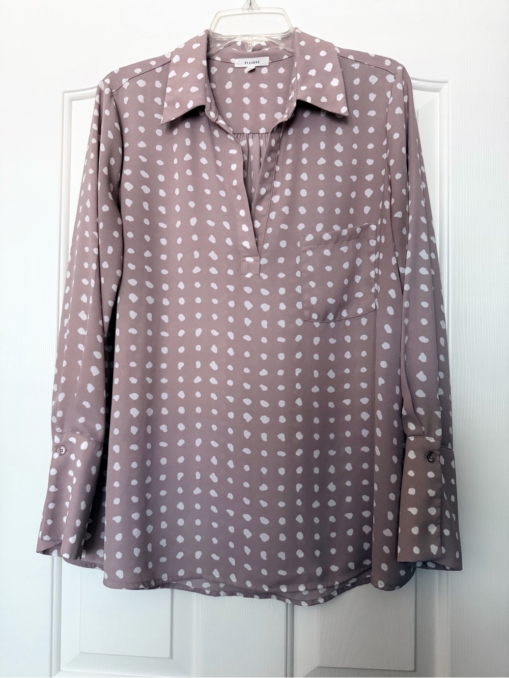 Pleione Polka Dot Split-Neck Blouse in Mauve
